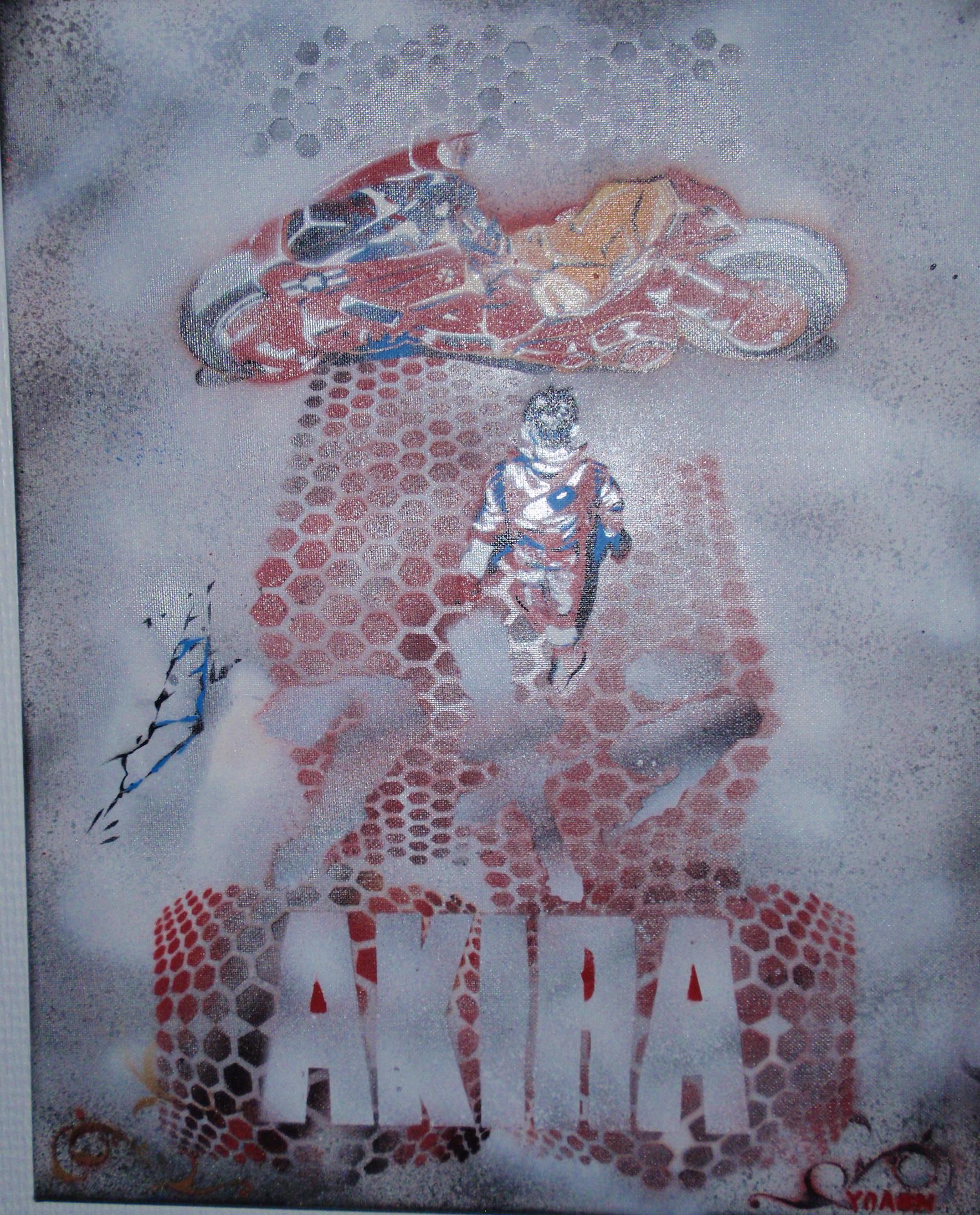 Akira, une vision futuriste de Kaneda marchant vers sa moto, peint le 27.08.2017 à l'occasion des Peintres dans la Rue à Langres, toile 40x50